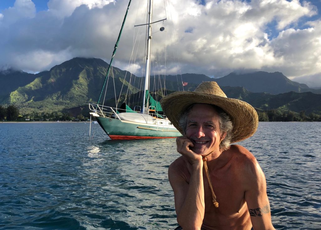 Can’t stop grinning: that’s s/v Pamela anchored behind me on a sunny afternoon in Hanalei Bay, Kauai, Hawaii.